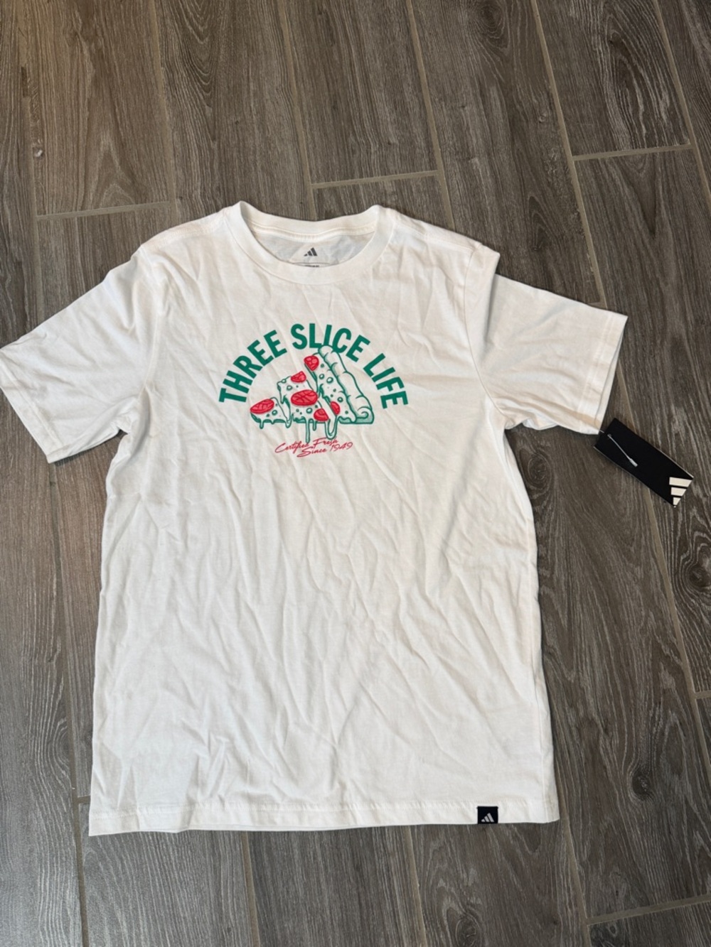 NWT 🎉Adidas White Short Sleeve 'Three Slice Life' Pizza Graphic Tee boys 14 16 L